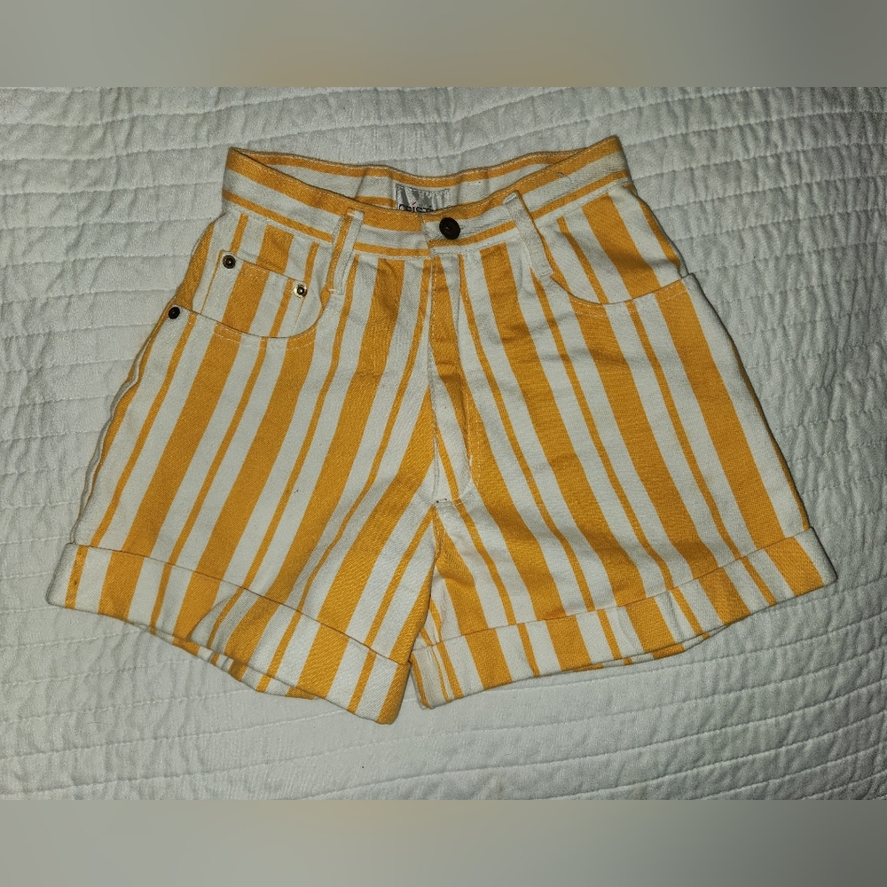 Vintage 1980s Yellow White Stripe High Rise Jean Shorts by Christina